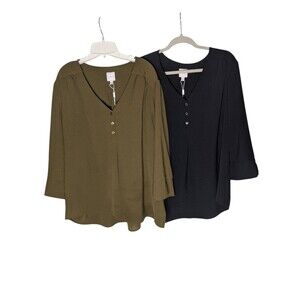 BUNDLE x2 Zac & Rachel 3-Button V-neck Tunic Blouse Women's 2XL Black Army Green